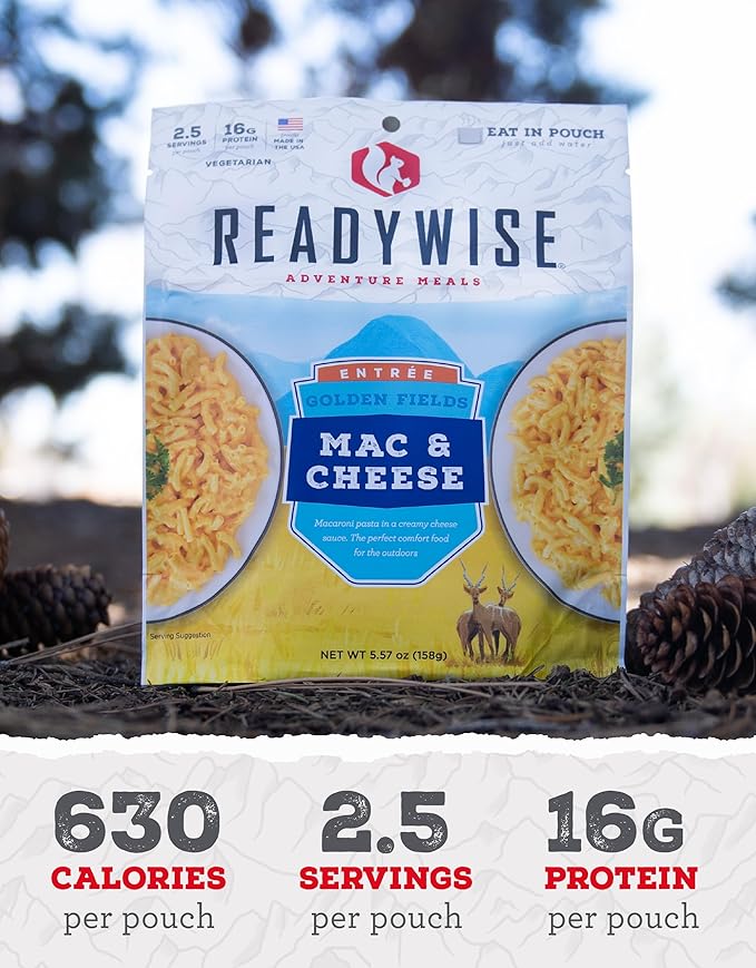 READYWISE - Adventure Meal, Mac & Cheese, 2 Servings, Pack of 1, Emergency Preparedness, Freeze Dried Food, MRE, Snack Pack or Emergency Food, Backpacking, Camping, Hiking, and, Survival Food