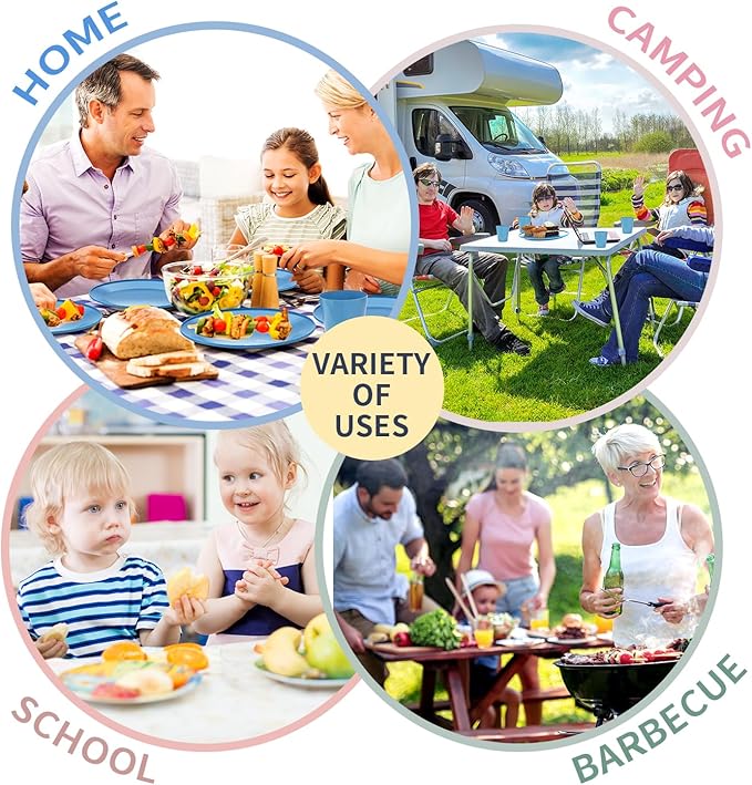 Wheat Straw Dinnerware Sets for 6, 31 Piece Unbreakable Outdoor Cutlery Set. Reusable plates and cups set for camping, picnics, RV trips, and party grills. (Blue)
