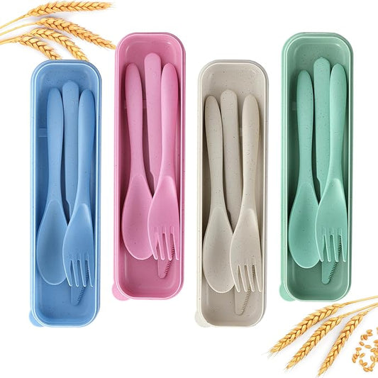 Reusable Travel Utensils Set with Case, 4 Pack Reusable Wheat Straw Portable Utensils Set with Case, Travel Utensils for Lunch, Camping, Picnic, Travel (Green, Pink, Blue, Beige)