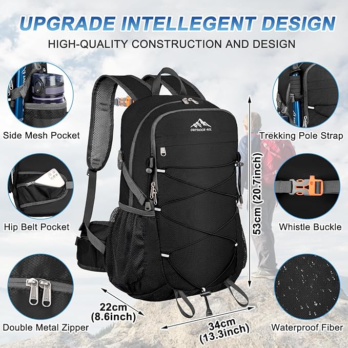 BKNOOU 40L Lightweight Hiking Backpack Packable Camping Backpack Waterproof Hiking Daypack Men Women Foldable Travel Daypack
