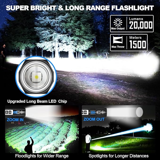 Rechargeable Magnetic Flashlights 20000 High Lumens - Super Bright Long Beam LED Powerful Small Flashlight 8 Modes with COB Work Light, Dual Button Tactical Pocket Flashlight for Camping Emergency