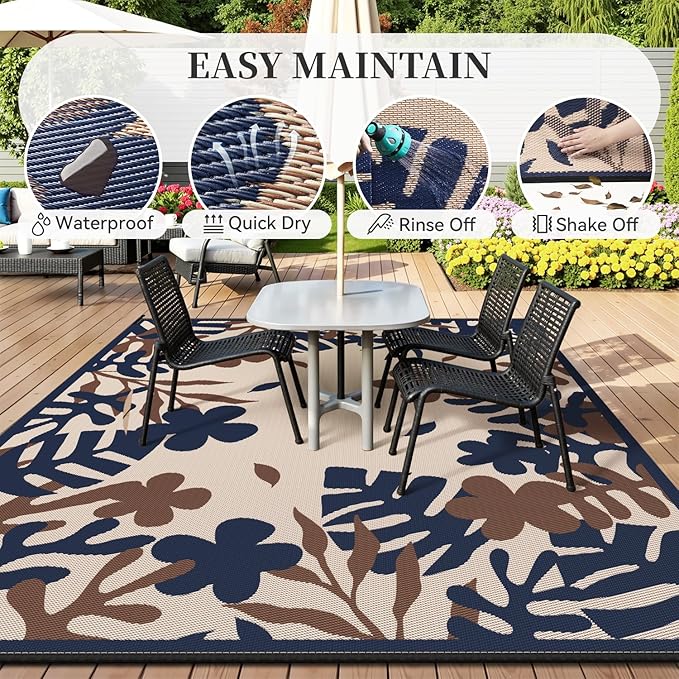 MontVoo Outdoor Rug Waterproof 5x8 ft RV Outdoor Rug for Camping Picnic Mat Outdoor Patio Rug Carpet Plastic Straw Reversible Floral Navy Orange
