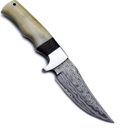 Handmade Damascus Steel Knife for Hunting,Survival,Camping,Bushcraft and Fishing Fixed Blade Dagger with Drop point Full Tang Micarta Handle, Leather Sheath - WKD-791