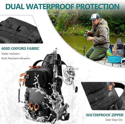 NEW VIEW Fishing Sling Bag, Waterproof Sling Pack with Rod Holder, Versatile Storage Fly Fishing Bags for Men, Small Shoulder Pack for Streams & Rivers