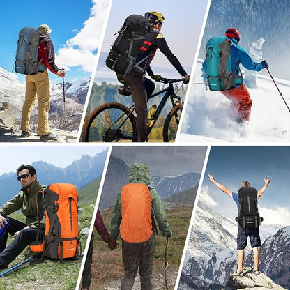 OKYUK 70L Hiking Backpack, Camping Hiking Back Pack, Water Resistant Lightweight Mountain Climbing Bag, Outdoor Camping Sport Daypack with Rain Cover, for Travel, Touring, Cycling (Orange, 70L)