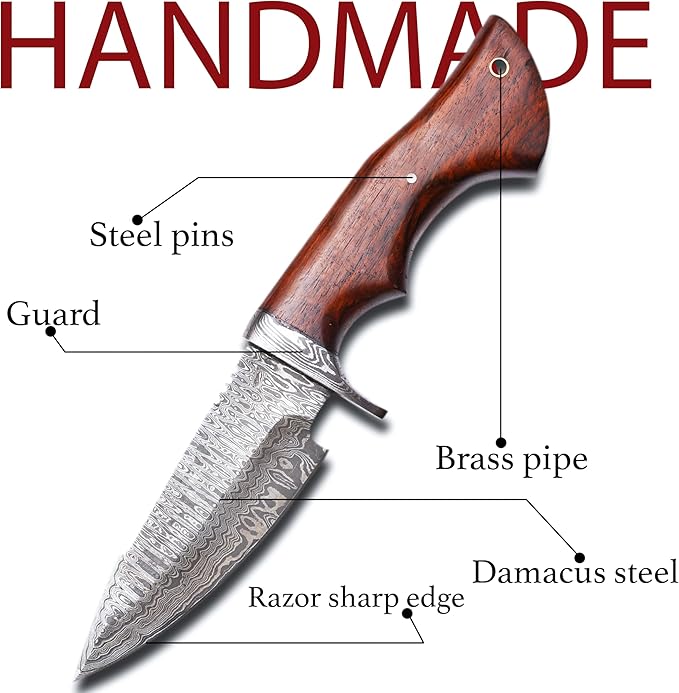 10″ Handmade Damascus Hunting Knife with Leather Sheath - Predator Hunter Damascus Steel Knife Ideal for Skinning, Camping and Outdoor - EDC Fixed Blade Bushcraft Knife Full Tang