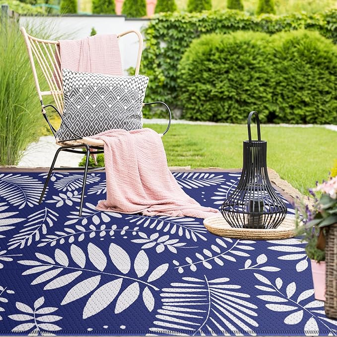 StepRite Outdoor Rug, Patio Rug, Plastic Straw Camping Rugs, Large Waterproof Area Rug and Mat for Outdoors, RV, Patio, Backyard, Deck, Porch, Beach, Balcony, (6'x 9', White & Blue)
