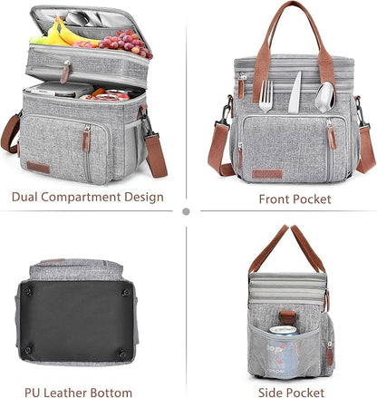 LOKASS Lunch Bag for Women/Men Work, 16L Expandable Double Deck Lunch box, Waterproof Leak-proof Cooler Bag, Portable Meal Prep Lunchbag with Adjustable Shoulder Strap-Grey