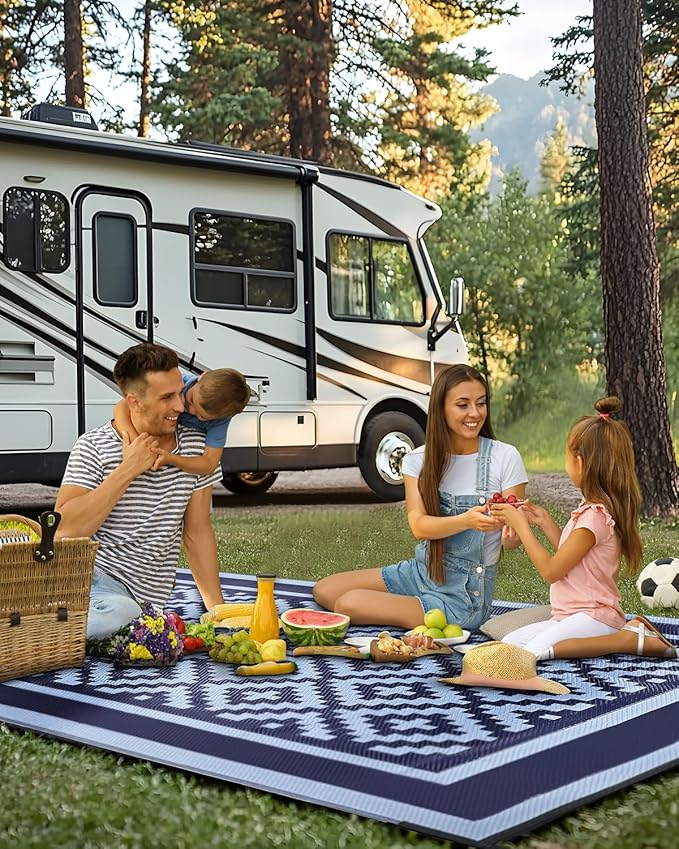 Kohree RV Outdoor Rug 9x12 Reversible, Waterproof Patio Mat with 4 Stakes & UV Fade Resistant, Non-Slip Outdoor Camping Mat for Deck, Picnic, Backyard, Includes Carry Bag (Blue)