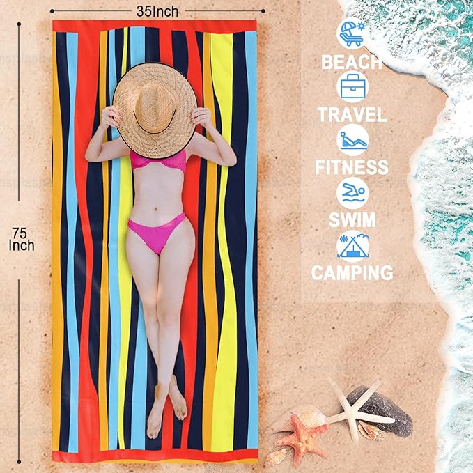 Bnuitland Colorful Hand-Drawn Lines Pattern Beach Towel (35X75 inches), Oversized Quick Drying Absorbent Sand Free, Cute Towels for Travel Swimming Pool Picnic, 88% Polyester and 12% Polyamide