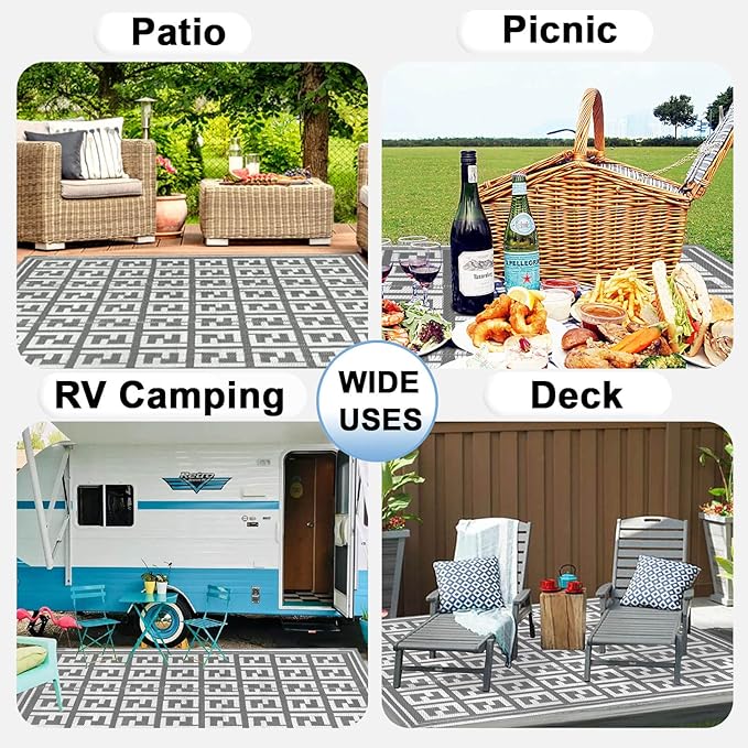 OutdoorLines Outdoor Plastic Area Rugs for Patio 4x6 ft - Reversible Outside Carpet, Stain & UV Resistant RV Mats, Straw Rug for Camping, Deck Garden, Porch and Balcony, Geometry Grey & Light Grey