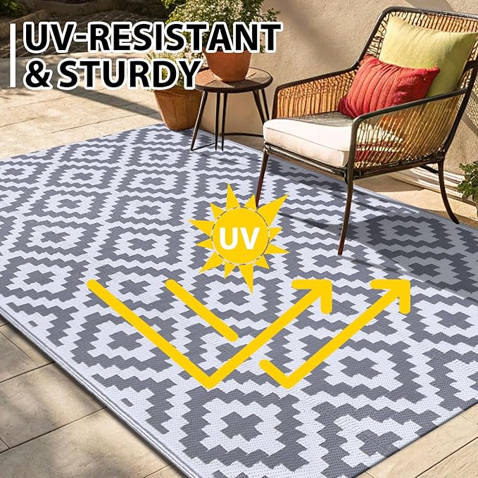 Smiry Waterproof Outdoor Rug 9x12 ft, Reversible Plastic Straw Patio Camping Rugs, Outdoor Indoor RV Mat Carpet for Patio, Outside Entry, Backyard, Deck, Bench, Picnic, Camper, White & Grey