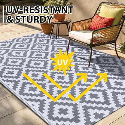 Smiry Waterproof Outdoor Rug 9x12 ft, Reversible Plastic Straw Patio Camping Rugs, Outdoor Indoor RV Mat Carpet for Patio, Outside Entry, Backyard, Deck, Bench, Picnic, Camper, White & Grey
