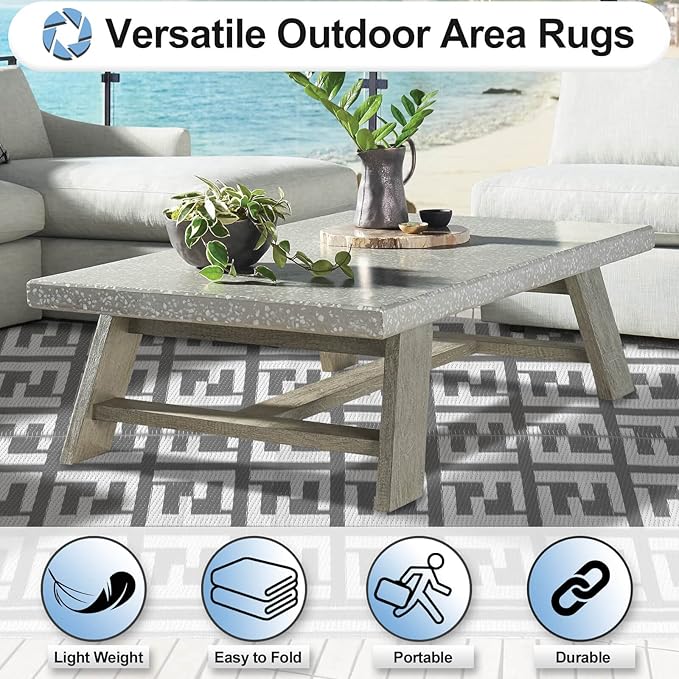 OutdoorLines Outdoor Plastic Area Rugs for Patio 4x6 ft - Reversible Outside Carpet, Stain & UV Resistant RV Mats, Straw Rug for Camping, Deck Garden, Porch and Balcony, Geometry Grey & Light Grey