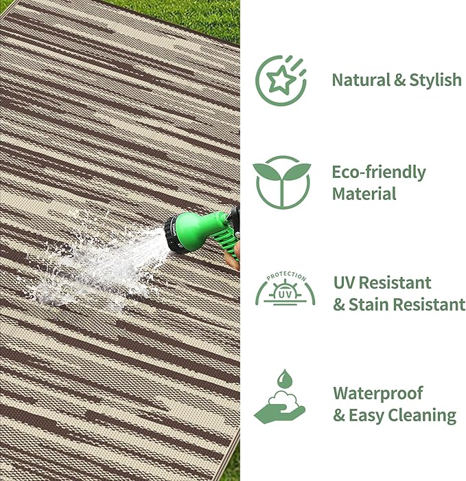 GENIMO Outdoor Rug for Patio Clearance, 6'x9' Waterproof Camping Mat, Reversible Plastic Straw Rugs for RV, Camper, Balcony, Backyard, Picnic, Deck (Coffee Beige)