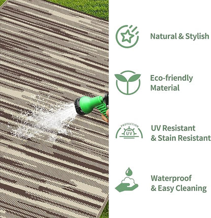 GENIMO Outdoor Rug for Patio Clearance, 6'x9' Waterproof Camping Mat, Reversible Plastic Straw Rugs for RV, Camper, Balcony, Backyard, Picnic, Deck (Coffee Beige)