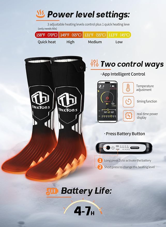 ThxToms Heated Socks for Men Women with App Control, 5000mAh Rechargeable Battery Electric Heating Socks,Upgraded Washable Foot Warmer for Arthritis Ice Fishing Skiing Hunting