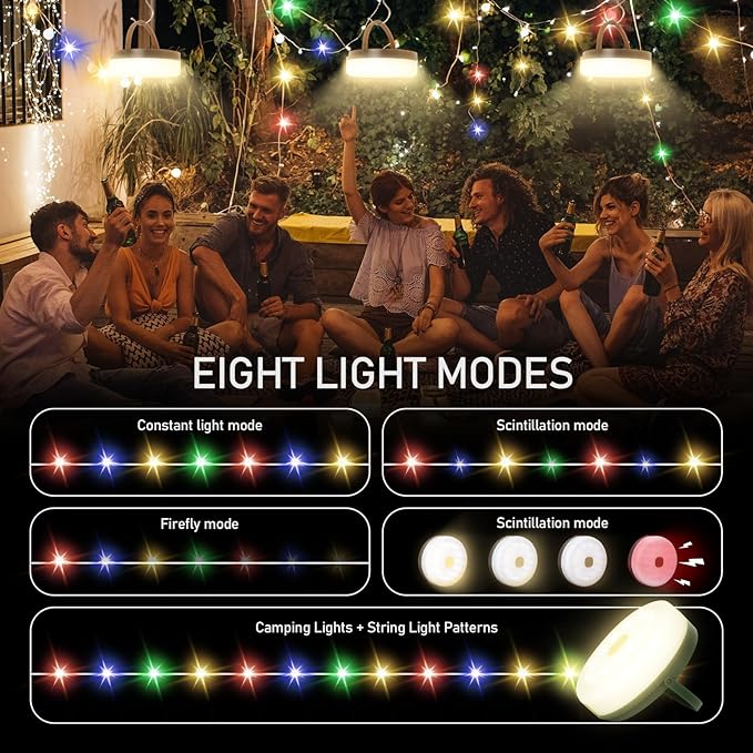 Camping String Lights,Solar Rechargeable Portable Outdoor LED String Light with Remote Control(39.4 Ft Multicolored Lights),Yard Tent Hanging Garden Party Festival Deco String Lights