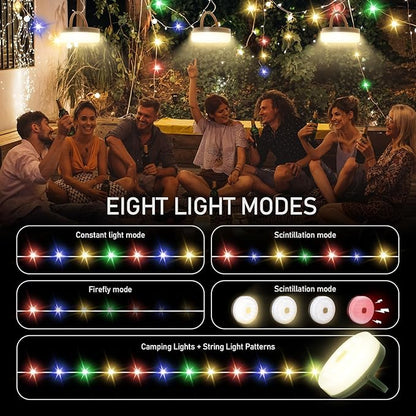 Camping String Lights,Solar Rechargeable Portable Outdoor LED String Light with Remote Control(39.4 Ft Multicolored Lights),Yard Tent Hanging Garden Party Festival Deco String Lights