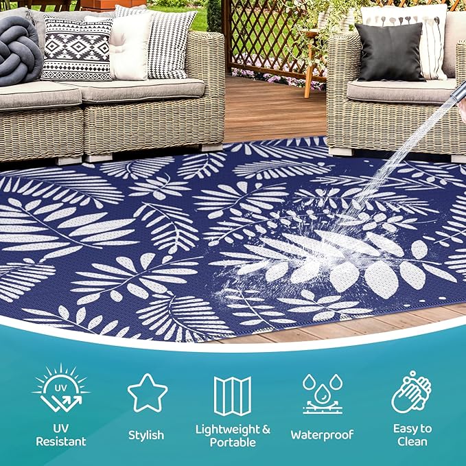 StepRite Outdoor Rug, Patio Rug, Plastic Straw Camping Rugs, Large Waterproof Area Rug and Mat for Outdoors, RV, Patio, Backyard, Deck, Porch, Beach, Balcony, (6'x 9', White & Blue)