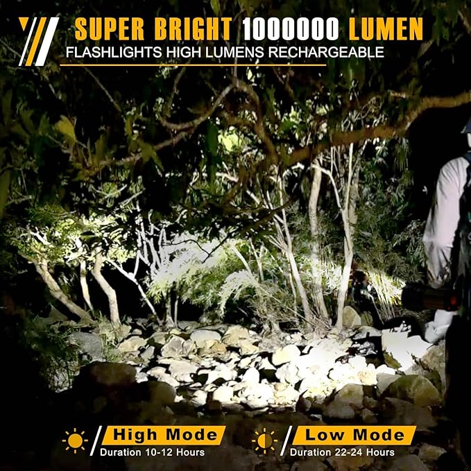 Flashlights High Lumens Rechargeable,1000000LM Spotlight Flashlight,IP68 Waterproof Rechargeable Flashlight,Linterna recargable 10000mAh Long Lasting for Camping,Boat,Walking,Farm.(Silver)