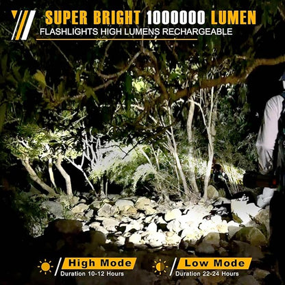 Flashlights High Lumens Rechargeable,1000000LM Spotlight Flashlight,IP68 Waterproof Rechargeable Flashlight,Linterna recargable 10000mAh Long Lasting for Camping,Boat,Walking,Farm.(Silver)
