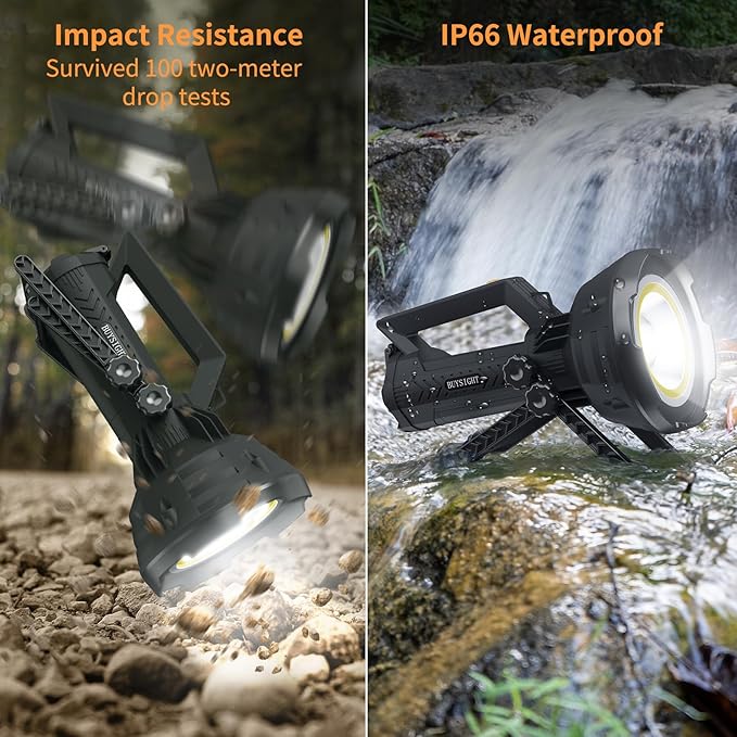 BUYSIGHT Rechargeable Flashlight 1000,000 Lumens COB Led Spotlight Floodlight IP67 Waterproof 15000mAh Long Lasting Long Distance Handheld Spotlight Impact Resistant with Foldable Stand and Red Lens