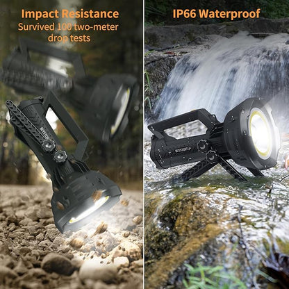 BUYSIGHT Rechargeable Flashlight 1000,000 Lumens COB Led Spotlight Floodlight IP67 Waterproof 15000mAh Long Lasting Long Distance Handheld Spotlight Impact Resistant with Foldable Stand and Red Lens