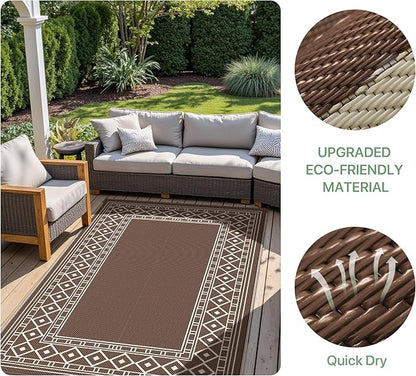 GENIMO Outdoor Rug Waterproof for Patio, 8'x10' Foldable Reversible Plastic Straw Carpet for Travel Trailers, Outside Area Mat for Rv, Deck, Picnic, Porch, Camper, Balcony, Beach, Coffee & Beige