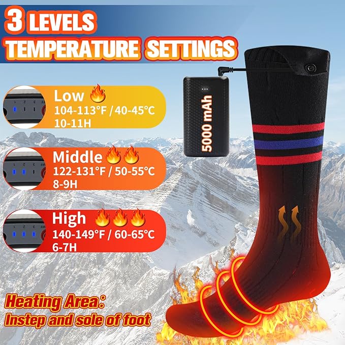 BIBURY Heated Socks for Men Women, Thermostatic Control Battery Powered Heating Socks Up to 8 H, 5000mAh Rechargeable Washable Electric Socks for Outdoor Winter Sports Camping, Skiing, Riding,Hunting