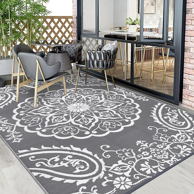 Pauwer Waterproof Outdoor Rug 9x12, Reversible Plastic Straw Patio Camping Rug, Indoor Outdoor RV Mat Carpet for Deck, Camper, Porch, Balcony, Backyard, Picnic, Boho Grey