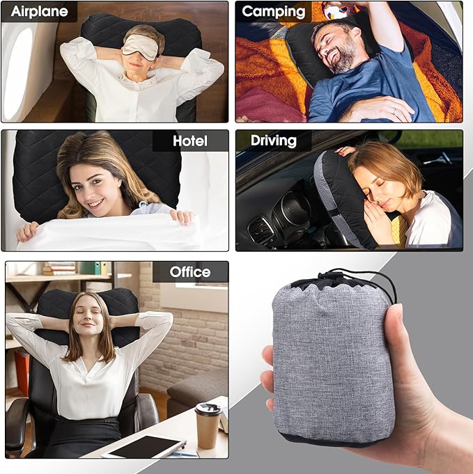 Inflatable Camping Pillow with Removable Cover - Ultralight Compact Camp Pillows for Sleeping, Backpacking, Hiking, Beach, Outdoor - Portable Blow Up Air Travel Pillow for Neck & Lumbar Support -Black
