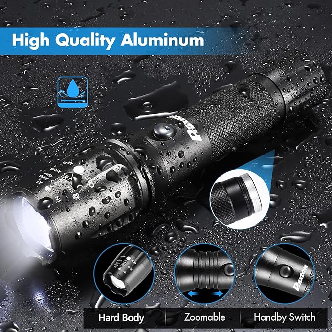 PHIXTON Rechargeable Flashlights High Lumens, 5000 Lumen USB C Chargeable LED Flashlight, Bright Strong Handheld Flash Lights, Long Lasting, Adjustable Focus, 5 Modes, for Emergencies Hiking Gift