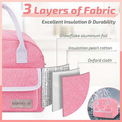 KIPBELIF Cute & Roomy Adult Lunch Box for Women – Stylish Insulated Lunch Bag with Cooling Pack, Shoulder Strap, Multi-Pockets for Work, Picnic (Standard Size) (Pink with Ice Pack)