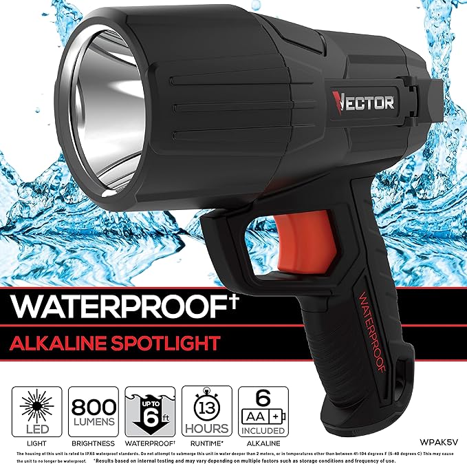 VECTOR LED Flashlight Spotlight, WPAK5V, Waterproof, 800 Lumens, Long Distance Light Beam, 6 AA Batteries Included