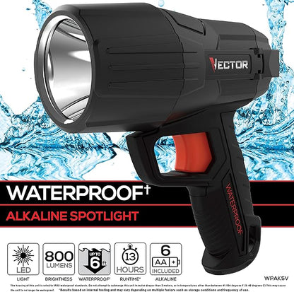 VECTOR LED Flashlight Spotlight, WPAK5V, Waterproof, 800 Lumens, Long Distance Light Beam, 6 AA Batteries Included