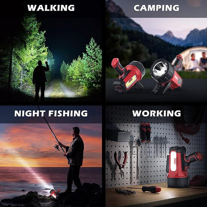 FORTO Rechargeable Spotlight Flashlight with 2000 Lumens, Handheld Spotlight with Foldable Stand, 6 Light Modes IPX7 Waterproof LED Spot Lights Outdoor for Boating Hunting Camping Hiking(Red)