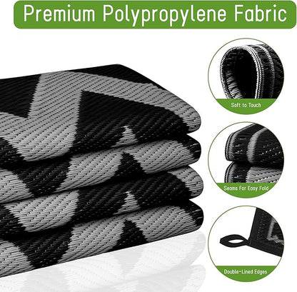Easy-Going Reversible Outdoor Rugs 5x8ft Waterproof Plastic Straw Rug Stain & UV Resistant Floor Mat for Patio Porch RV Backyard Pool Deck Picnic Beach Trailer Camping (Waved Black & Light Grey)