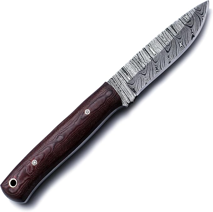 Handmade Damascus Steel Knife Bowie for Hunting,Survival,Camping,Bushcraft and Fishing, Fixed Blade with Drop Point Full Tang Micarta Handle, Leather Sheath - WKD-788