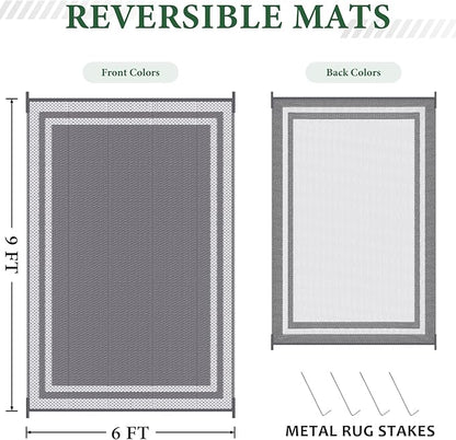 HappyTrends,Outdoor Rug,Patio Rug,Reversible Portable Plastic Straw Rug,Camping Rugs for Outside RV,Large Waterproof Area Rugs for Patio,Deck,Picnic,Porch,Balcony(6'x 9',White&Gray)