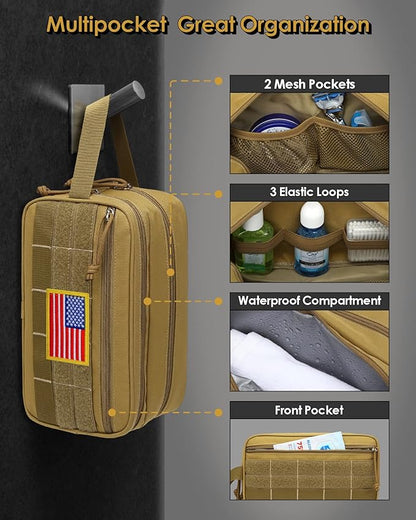 TACTICISM Toiletry Bag for Men - Dry Wet Separate Hygiene Bag Travel Toiletry Bag, Tactical Molle Dopp Kit for Men with Large Capacity, Water-Resistant Shaving Bag for Adult Women for Travel, Brown