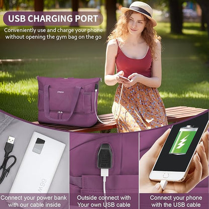 ETRONIK Gym Bag for Women, Travel Duffel Bag with USB Charging Port, Weekender Overnight Bag with Wet Pocket and Shoes Compartment for Women, Travel, Gym, Yoga (Grape Purple)