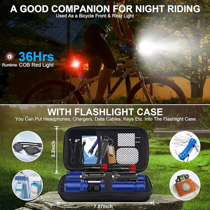Flashlights 100,000 High Lumens Rechargeable - Super Bright LED Magnetic Flashlight with Sidelight 8 Modes Waterproof Powerful Handheld Flash Light for Emergency (2 Pack with Leather Box, Blue)