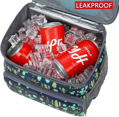 Insulated Reusable Lunch Bag Adult Large Lunch Box for Women and Men with Adjustable Shoulder Strap,Front Zipper Pocket and Dual Large Mesh Side Pockets,Cactus