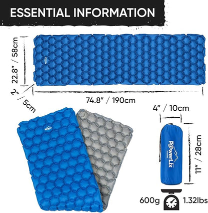 POWERLIX Ultralight Sleeping Pad for Camping with Inflating Bag, Carry Bag, Repair Kit – Compact Lightweight Camping Mat, Outdoor Backpacking Hiking Traveling Airpad Camping Air Mattress