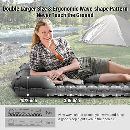 Double Sleeping Pad for Camping, Grey Inflatable Sleeping Mat with Pillow, Ultralight 2 Person Camping Pad with Built-in Foot Pump for Backpacking, Hiking, Tent, Portable Camping Mattress