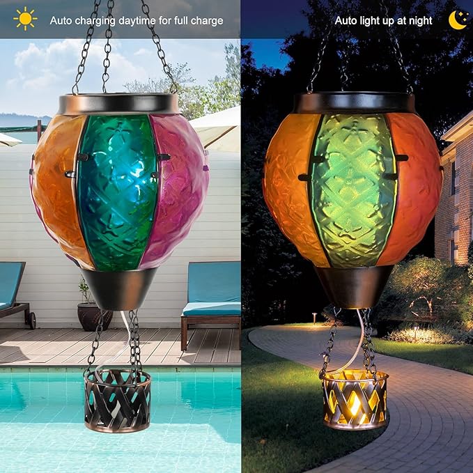 Hot Air Balloon Solar Lantern with Flickering Flame Hanging Solar Lanterns Outdoor Lights Waterproof Lanterns Decorative Garden Patio Yard Party Decor Colorful