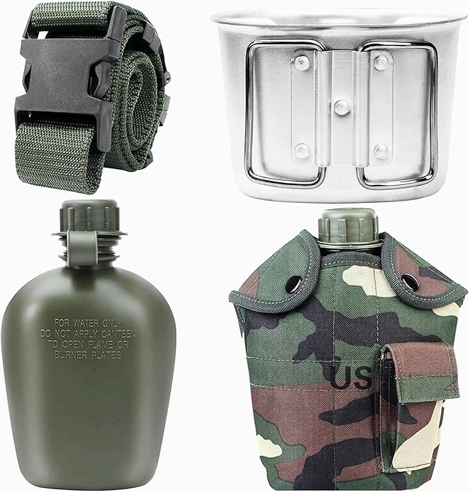 1 Quart Canteen Kit Portable Canteen Hydration Canteens Water Bottle with Reinforced Nylon Bottle Pouch Cover Bag,Aluminum Cup and Waist Belt for Backpacking Hiking Camping Climbing Outdoor Activities