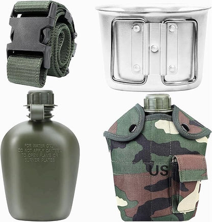 1 Quart Canteen Kit Portable Canteen Hydration Canteens Water Bottle with Reinforced Nylon Bottle Pouch Cover Bag,Aluminum Cup and Waist Belt for Backpacking Hiking Camping Climbing Outdoor Activities