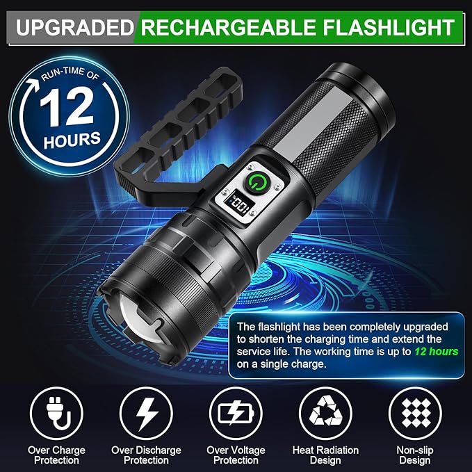 Rechargeable LED Flashlights High Lumens, 900000 Lumens Super Bright Flashlight with 11 Modes IPX6 Waterproof, Powerful Handheld Flashlight for Camping Emergencies Hiking Home
